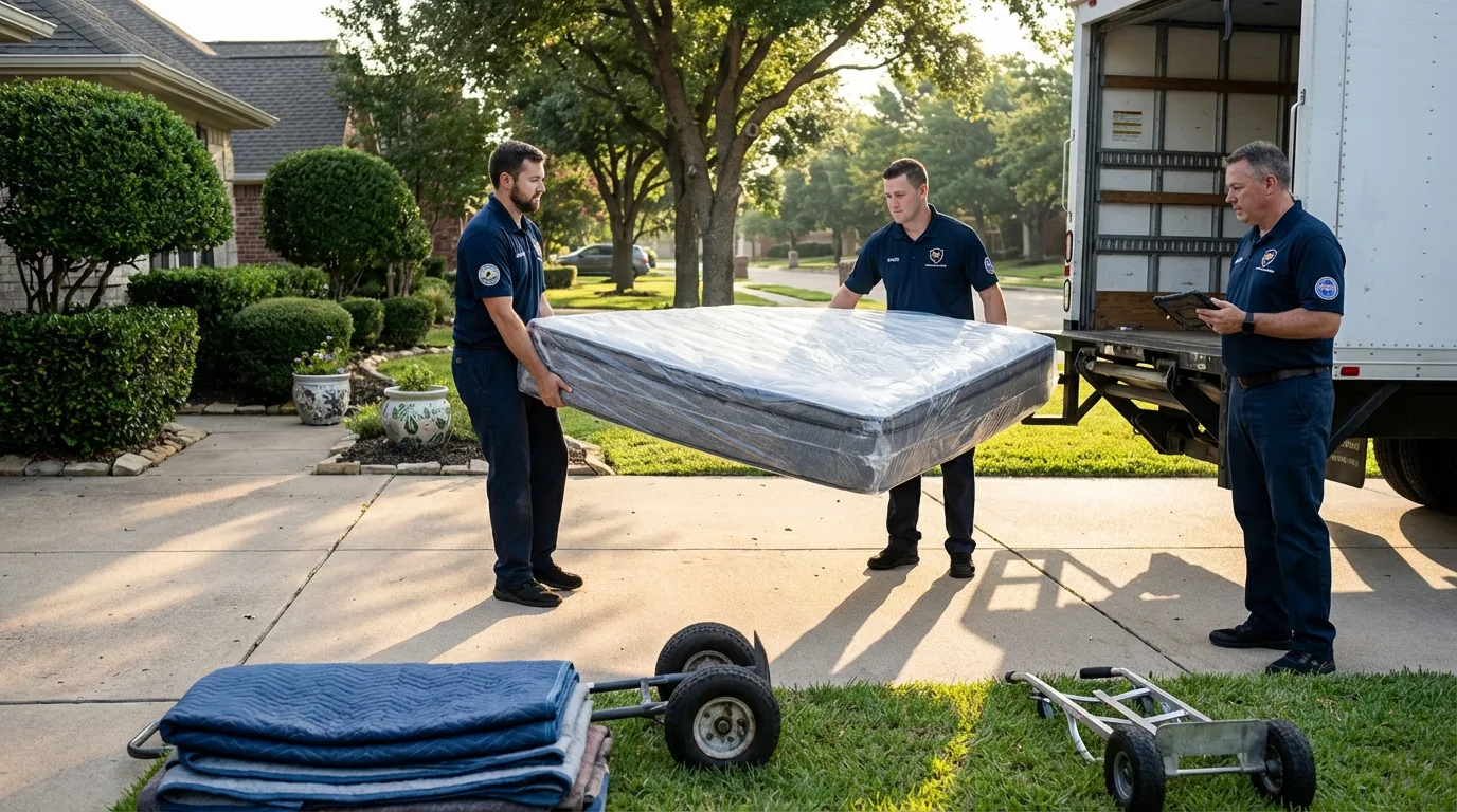 CamelBack crew loading padded residential furniture into moving truck on suburban driveway in California